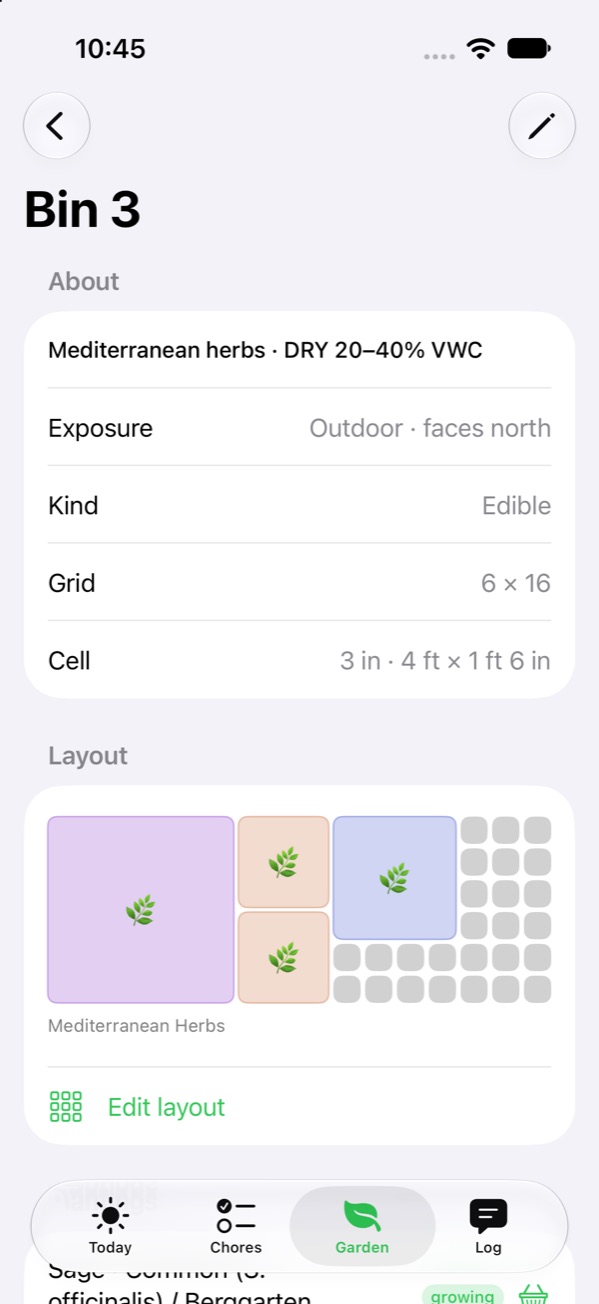 A bed's page in the iPhone app: Bin 3, Mediterranean herbs, kept dry at 20 to 40 percent, with its planting map.