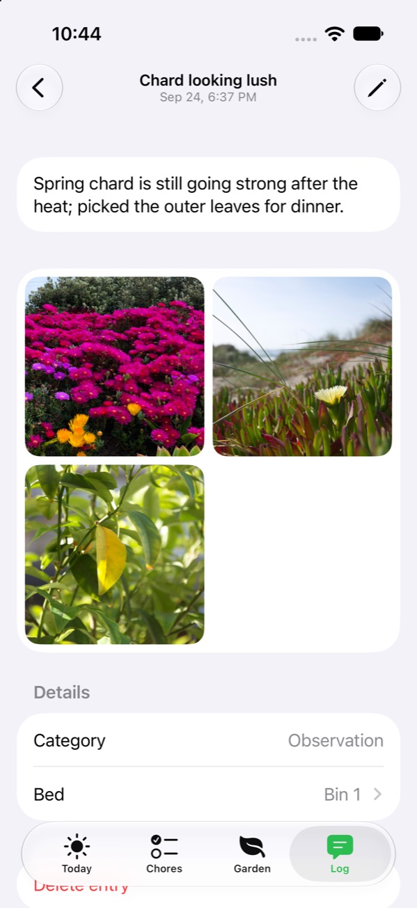 A log entry in the iPhone app, "Chard looking lush", with its note and three photos.