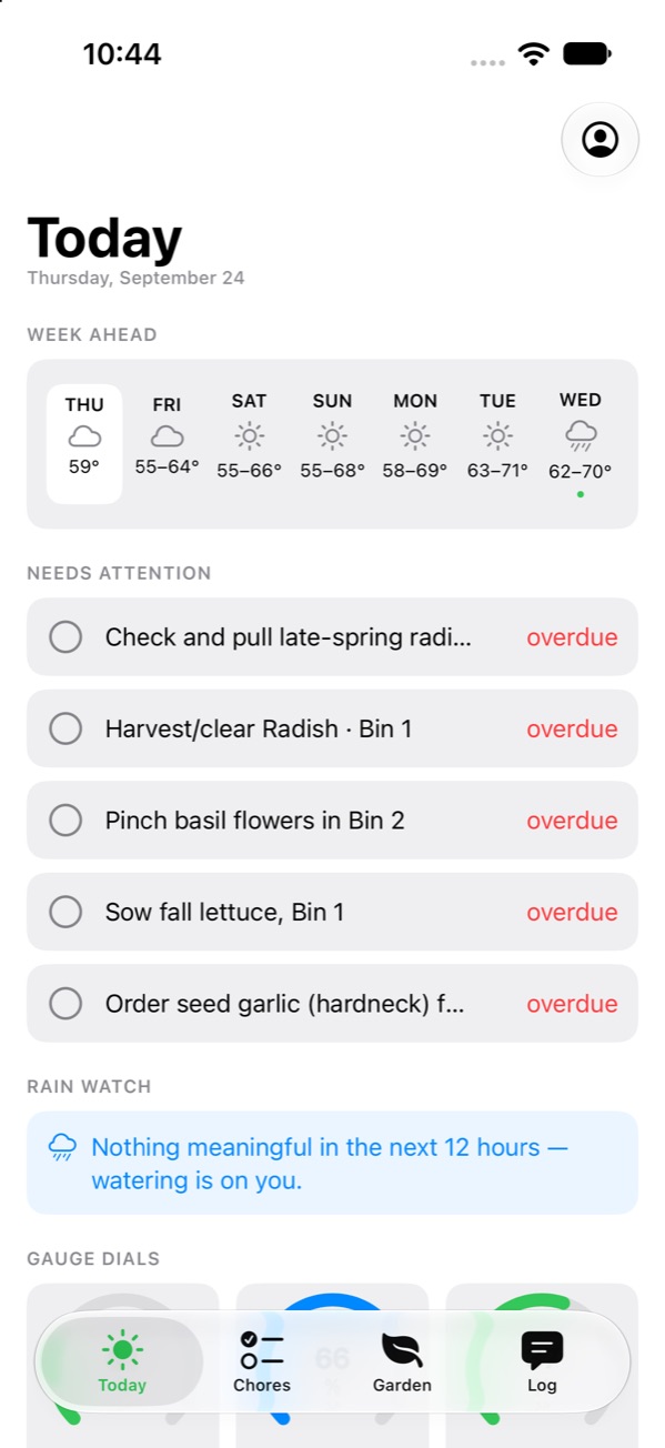 The iPhone app's Today screen: the week's weather, five chores that need attention, the rain watch and the soil gauges.